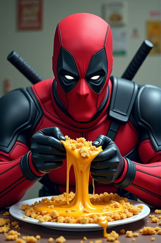 Deadpool eating bread crumbs with melted cheese