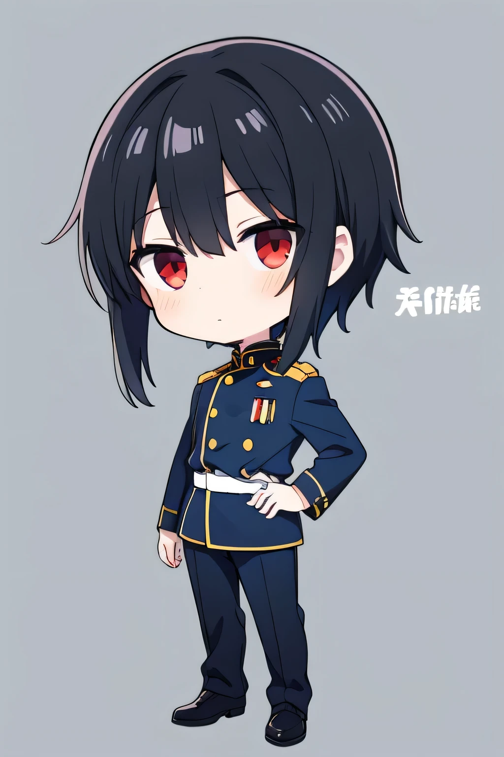 1boy,black hair,combed-back hair, military uniform, chibi, red eye, full body, green back ground