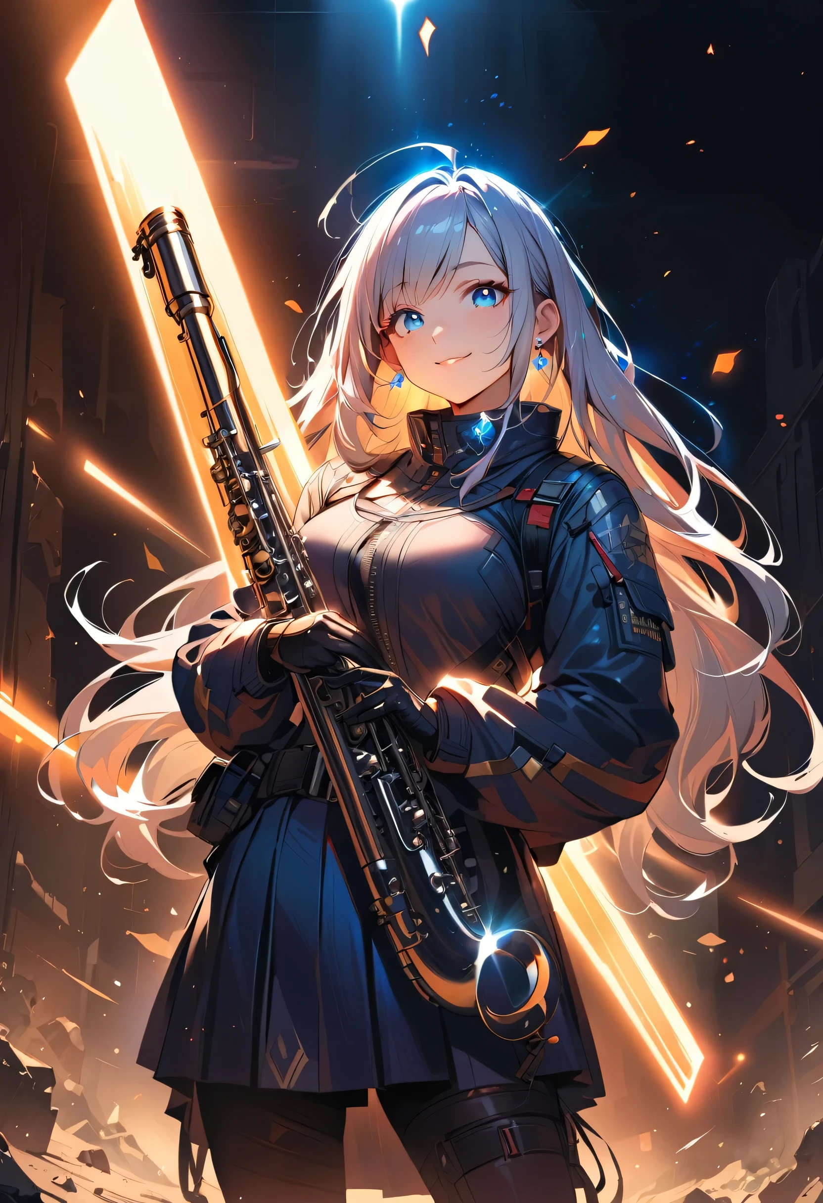 masterpiece, Highest quality, (((Ruined battlefield)))、(((Smile invincibly)))、Raising awareness, Sax Blue, プラチナEarrings, Platinum Necklace, Black combat suit,Carrying a weapon, One Girl, cute, (Dynamic Lighting:1.2), Cinema Lighting, Delicate facial features, Detailed eyes, Sharp pupils, Realistic student, Written boundary depth, ボケ Written boundary depth, Sharp focus, (Very detailed, bloom, Shine:1.4), Lots of little gems, (((long_hair))),　Twin tails、Earrings、分けた前hair、銀hair、whole body、Ultra close-up footage、The top is transparent up to the chest.、See-through design。The bottoms are a very short navy blue pleated skirt.、Fits snugly around the waist。The background is simple white.、this、The text is easier to see.。The light source is a soft light from the front....、The overall atmosphere is bright and clean....。