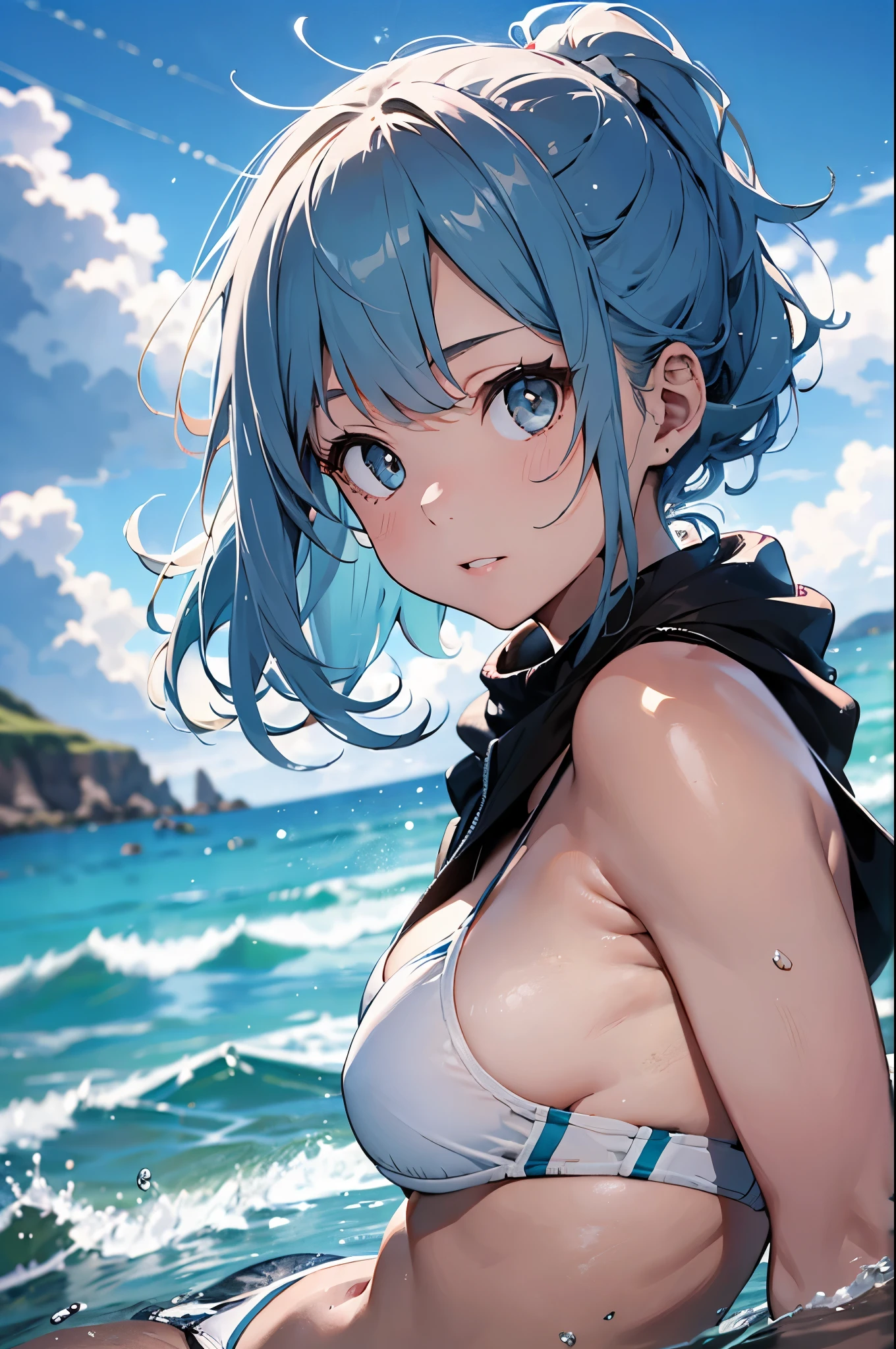 High resolution,topless、
One beautiful young woman,Light blue hair、ponytail、
(Soft Saturation:1.3), (Fair skin:1.2),
(ultra-Detailed Background, Detailed Background), Bokeh,
break'Portrait of a smiling girl.,
When viewed from the front, The composition is symmetrical,
Looking straight at you with serious eyes,
break Swimwear, White Bikini, Center of chest,
Outdoor, Sea surface, null, sunlight,Summer beach, Sandy Beach,
Strong light, Front lighting,
(Teen:1.3), (Cowboy Shot:1.2),
Front brake angle,
View your audience,
Dynamic pose,
sitting on the beach
Seaweed、Seaweed、Seaweed、Seaweed、Seaweed、Seaweed、Seaweed、