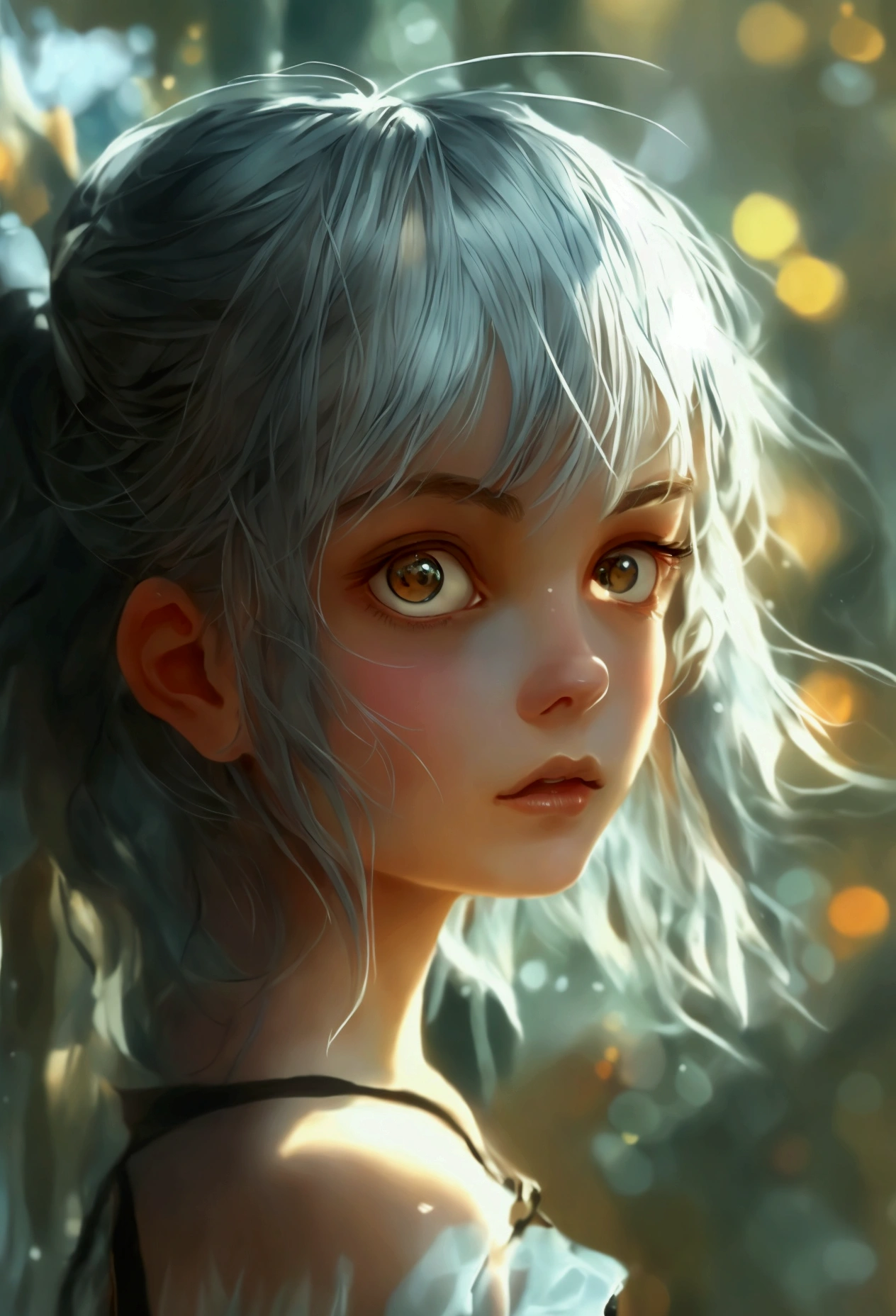 1 girl 23 old years , silver hair, amber eyes, excited, UHD, masterpiece, anatomically correct, super detail, high quality, high details, best quality, highres, HD, 16k, , in the style of Peter Jackson, Pastel, Modern, Ethereal, --c 51