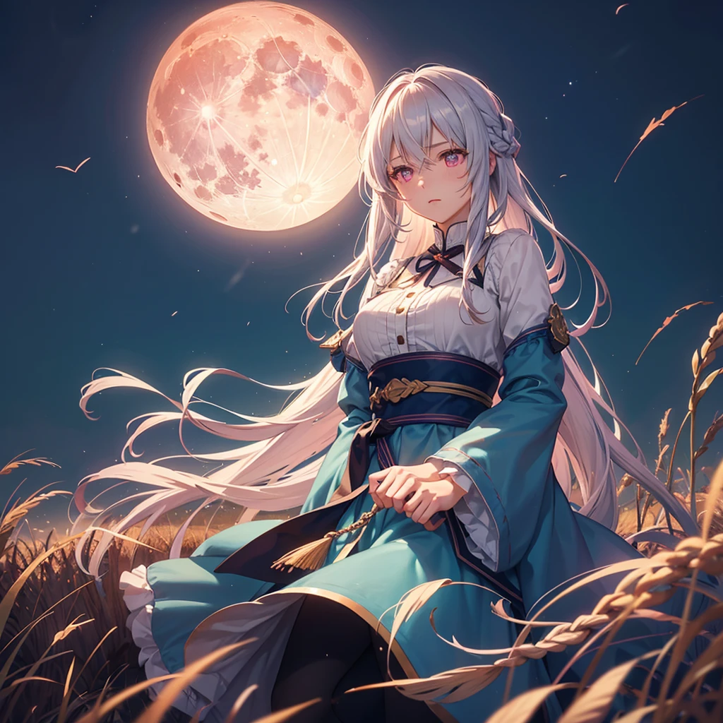 (Sky blue braided medium length hair), (Pink eyes),(Fair skin) ,(whole body),(One Girl),(harvest moon),(Miscanthus sinensis in the background),autumn,(full moon),(masterpiece, Highest quality, Very detailed, Best Shadow), (Detailed Background), (Beautifully detailed face), High Contrast, (Best lighting, Very delicate and beautiful), ((Cinematic Light)), Hyper Detail,8k, Dramatic Light,
