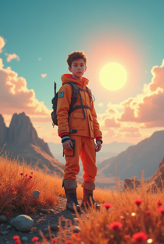 A boy of age 27 wearing gen z outfit standing in a utopian civilization with colourful landscape give focus on details and surooundings with a sky view veautiful sun and clouds and asthetic landscape