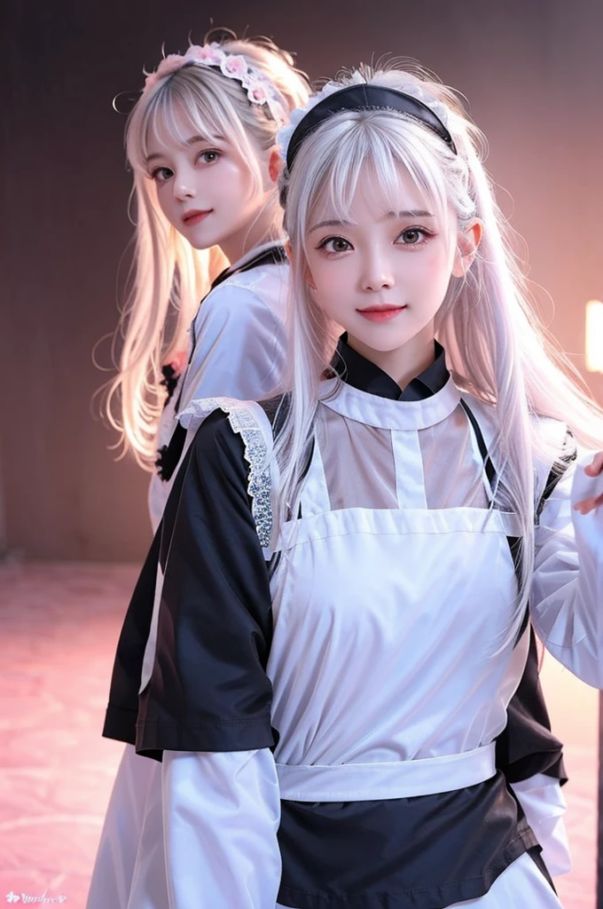 high resolution,smile,happy,light smile,woman,woman1人,adult,Clear,cute, blunt bangs,White Hair,BREAK, Pink eyes,BREAK,wavy hair,long hair,BREAK, ((looking at viewer)), Black maid outfit,BREAK,Facing forward,BREAK,Pink background, BREAK,