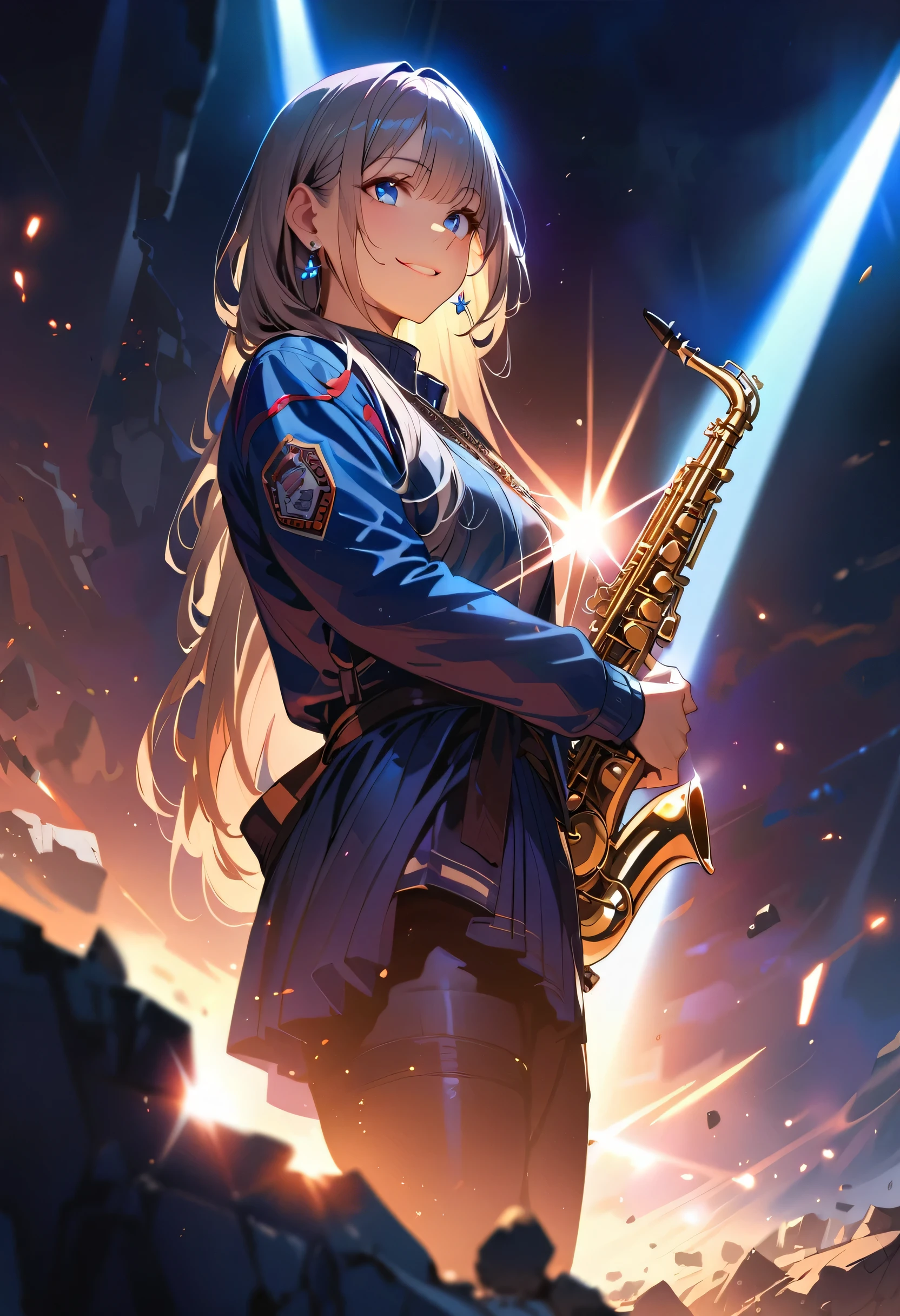 masterpiece, Highest quality, (((Ruined battlefield)))、(((Smile invincibly)))、Raising awareness, Sax Blue, プラチナEarrings, Platinum Necklace, Black combat suit,Carrying a weapon, One Girl, cute, (Dynamic Lighting:1.2), Cinema Lighting, Delicate facial features, Detailed eyes, Sharp pupils, Realistic student, Written boundary depth, ボケ Written boundary depth, Sharp focus, (Very detailed, bloom, Shine:1.4), Lots of little gems, (((long_hair))), Twin tails、Earrings、分けた前hair、銀hair、whole body、Ultra close-up footage、The top is transparent up to the chest.、See-through design。The bottoms are a very short navy blue pleated skirt.、Fits snugly around the waist。The background is simple white.、this、The text is easier to see.。The light source is a soft light from the front....、The overall atmosphere is bright and clean....。
