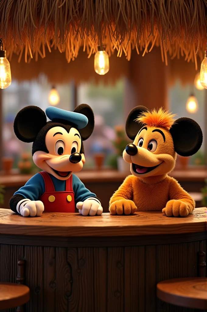 Donald Mickey et dingo sont assis dans un tiki bar