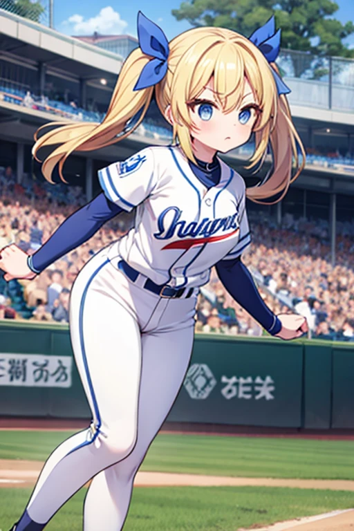 Highest quality,masterpiece,Blonde with blue eyes、Baseball player、Batterbox,Stand at bat,Batting form,(koshien BaseballStadium1.1),Beautiful breasts、Twin tails、Girl&#39;s cute eyes,under boob,enjoy,