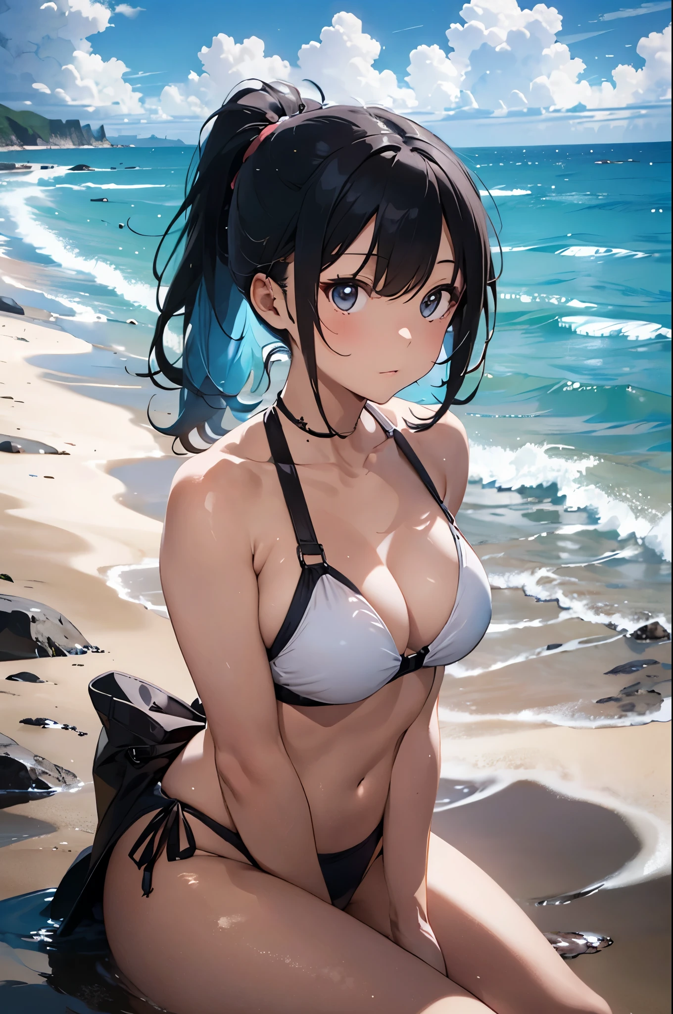 High resolution,topless、
One beautiful young woman,Light blue hair、ponytail、
(Soft Saturation:1.3), (Fair skin:1.2),
(ultra-Detailed Background, Detailed Background), Bokeh,
break'Portrait of a smiling girl.,
When viewed from the front, The composition is symmetrical,
Looking straight at you with serious eyes,
break Swimwear, White Bikini, Center of chest,
Outdoor, Sea surface, null, sunlight,Summer beach, Sandy Beach,
Strong light, Front lighting,
(:1.3), (Cowboy Shot:1.2),
Front brake angle,
View your audience,
Dynamic pose,
sitting on the beach
Seaweed、Seaweed、Seaweed、Seaweed、Seaweed、Seaweed、Seaweed、