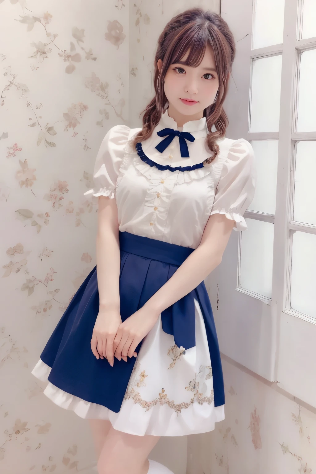 (indoor), (Window), (masterpiece), (最high quality), (Very detailedな), (Best Shadow), (photoRealistic:1.4), Frilled blouse, skirt, white ankle socks, high quality, masterpiece, Very detailedな, High resolution, 4K, 超High resolution, Detailed Shadows, Ultra-realistic, Dramatic lighting, One Girl, alone, Detailed face, Realistic eyes, Realistic Skin, Dynamic Hair, Dynamic pose, Dynamic Angle, White floral dress, White Background, Urzan-6500-v1.1, (RAW Photos:1.2), ( Realistic:1.4), Beautiful detailed girl, Very detailed eyes and face, Beautiful attention to detail, Ridiculous, incredibly Ridiculous, Large file size, Very detailedな, High resolution, Very detailed, 最high quality, (Bright interior), (Soft Light), (Low contrast), (Shallow depth of field), (portrait of a beautiful woman illuminated by gentle light), (Very delicate and elegant depiction), (Short bangs), (Hair color is dark chestnut with a slight brown tinge), (Hair with subtle and gentle waves), (Decorated with thin ribbons), ( White blouse with small frills), (bow tie), (青いロングskirt), (White short ankle socks), shape, Very detailed, CG, Unified, 8k wallpaper, wonderful, Finer details, 最high quality, Very detailed CG Unified 8k wallpaper, Face Light, Cinema Lighting,