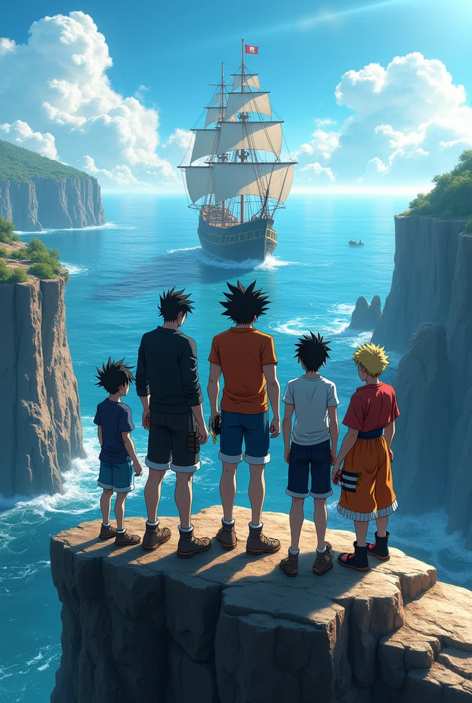 Create a photo in which monkey d Luffy, Goku, Naruto,yuji itadori and Eren Yeager are standing randomly in a pose from back side at the top of the Cliff and beneath is the sea with pirates ship