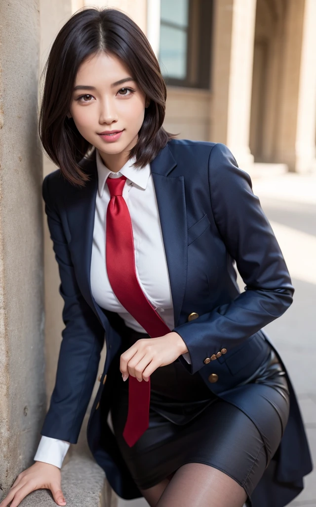 girl, Hyper Realistic, masterpiece, smile, portrait, bobhair, skirt suit, dress shirt, red necktie, blazer, pantyhose