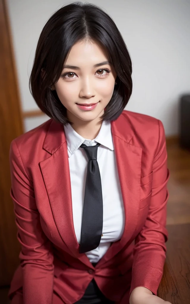 girl, Hyper Realistic, masterpiece, smile, portrait, bobhair, skirt suit, dress shirt, red necktie, blazer, pantyhose