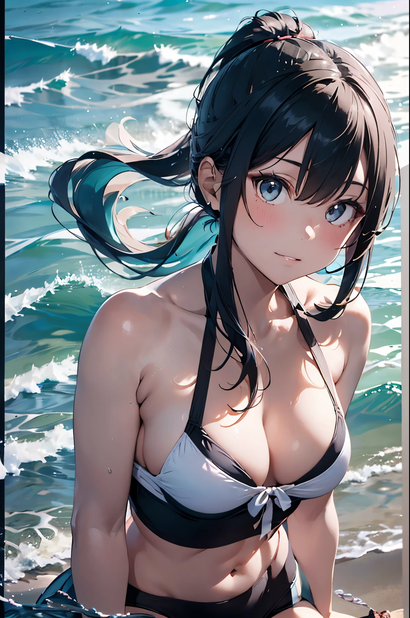 High resolution,topless、
One beautiful young woman,Light blue hair、ponytail、
(Soft Saturation:1.3), (Fair skin:1.2),
(ultra-Detailed Background, Detailed Background), Bokeh,
break&#39;Portrait of a smiling girl.,
When viewed from the front, The composition is symmetrical,
Looking straight at you with serious eyes,
break Swimwear, White Bikini, Center of chest, 
Outdoor, Sea surface, null, sunlight,Summer beach, Sandy Beach,
Strong light, Front lighting, 
(:1.3), (Cowboy Shot:1.2),
Front brake angle,
View your audience,
Dynamic pose,
sitting on the beach

Seaweed、Seaweed、Seaweed、Seaweed、Seaweed、Seaweed、Seaweed、