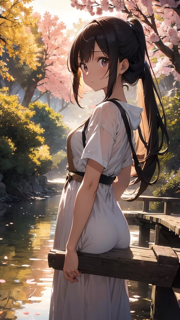A breathtaking anime scene set in a serene, lush forest during sunset. The warm golden light filters through the towering trees, casting long shadows and creating a magical, ethereal atmosphere. In the center of the scene, a crystal-clear river gently flows, reflecting the vibrant colors of the sky. Delicate cherry blossom petals dance in the air, carried by a soft breeze. A young anime character, with flowing hair and detailed, intricate clothing, stands on a small wooden bridge, gazing thoughtfully at the horizon. The hyper-realistic details bring out the texture of the bark, the shimmer of the water, and the softness of the petals. The entire scene is rendered in 4K, with an incredibly high resolution, capturing every detail with stunning clarity.8K,high resolution,highly sharp,high details