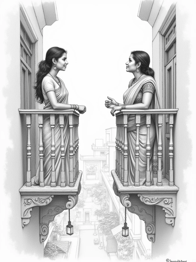 detailed pencil sketch of two Indian women standing in their balconies and talking to each other from across the street