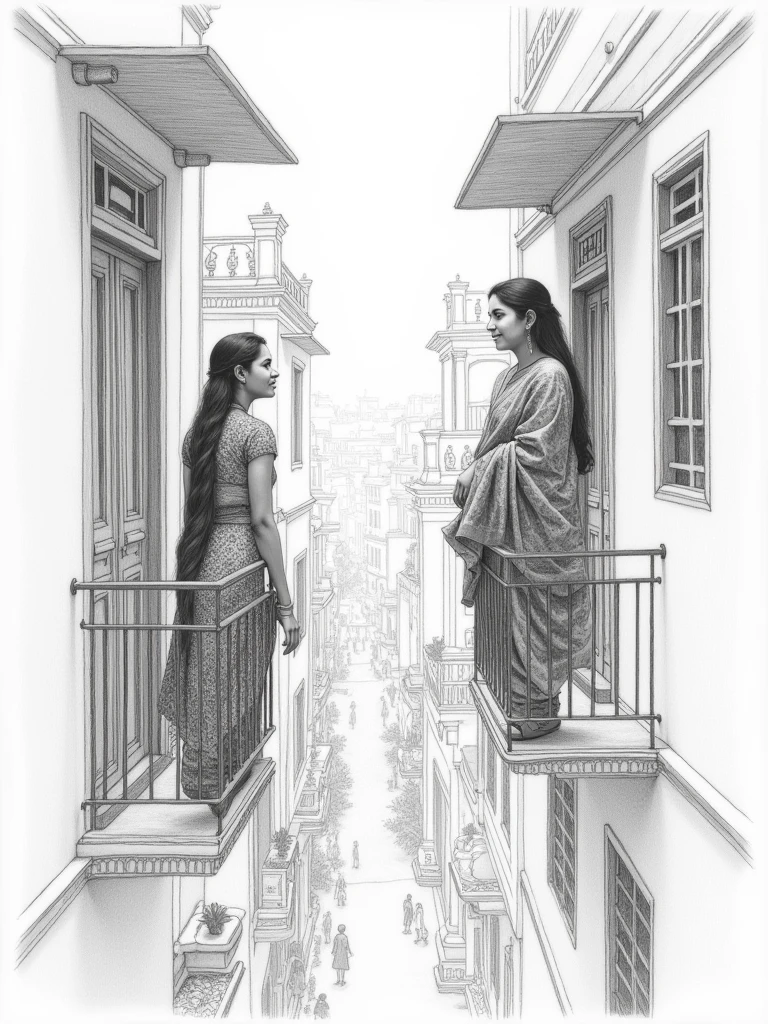 detailed pencil sketch of two Indian women standing in their balconies and talking to each other from across the street