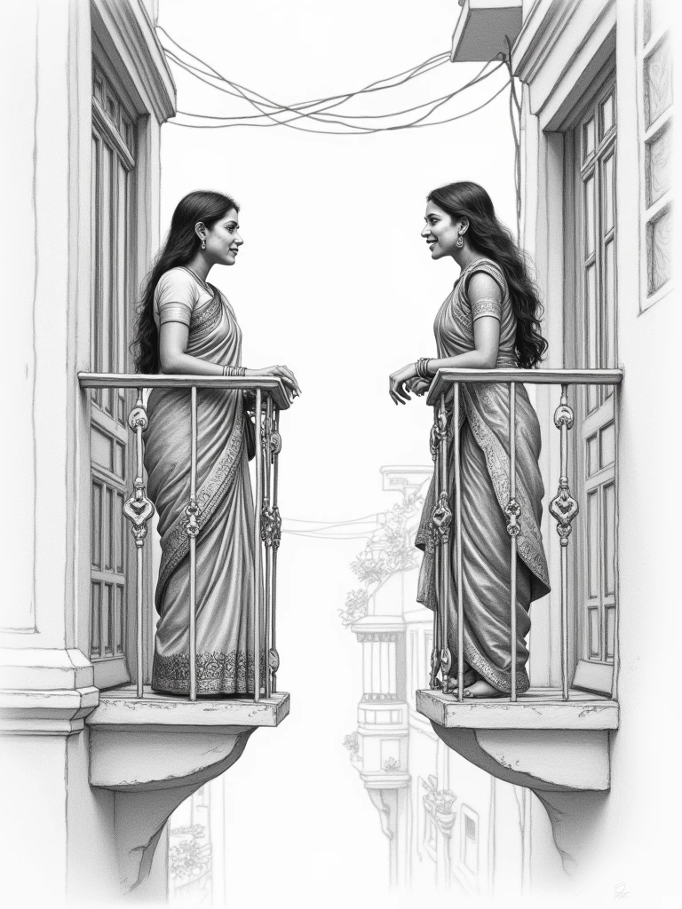 detailed pencil sketch of two Indian women standing in their balconies and talking to each other from across the street