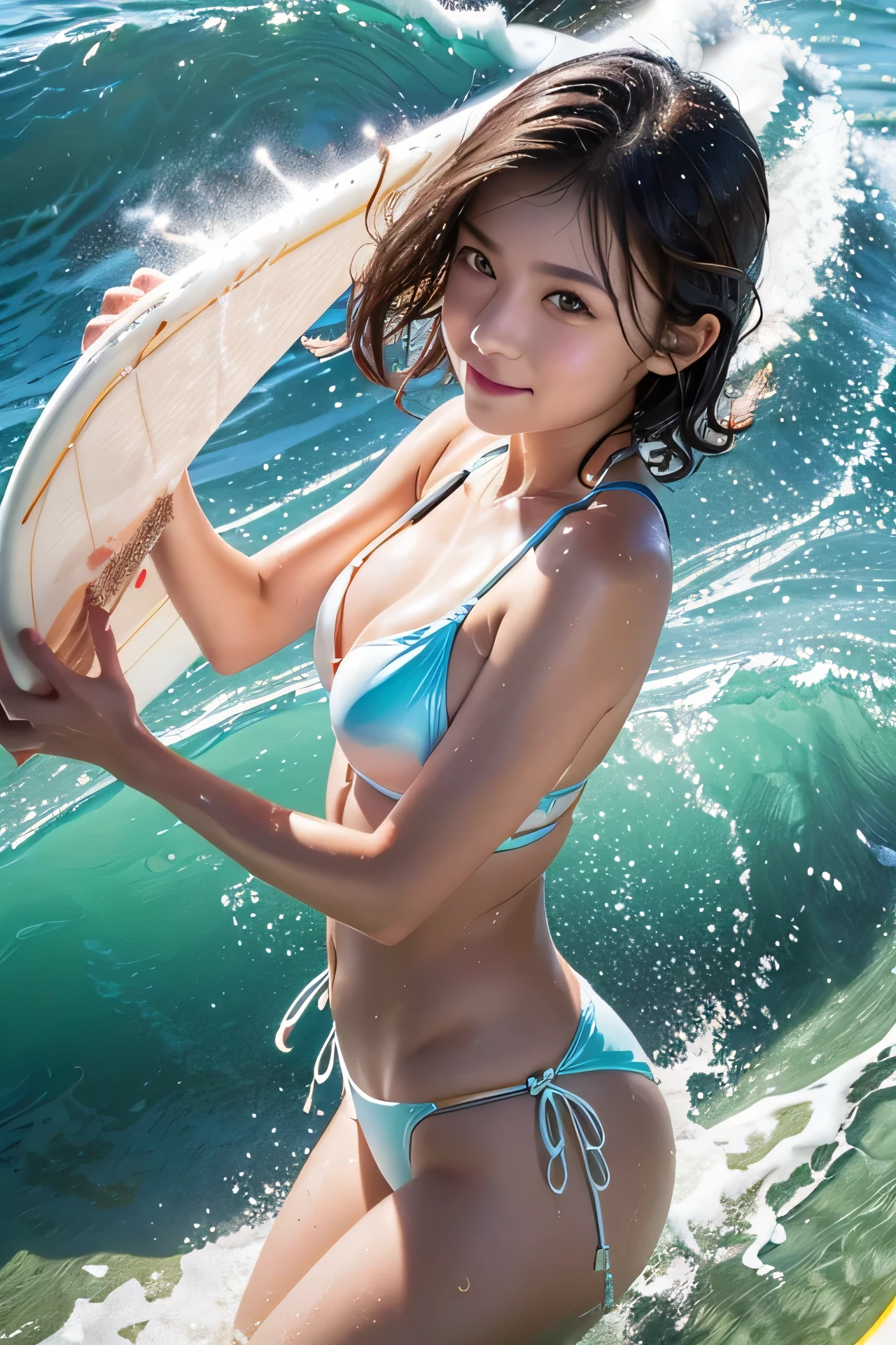 (One girl\(surfer\) Ride a surfboard in wave tunnel:1.3),quality\(8k,Highly detailed CG unit wallpaper, masterpiece,High resolution,top-quality,top-quality real texture skin,surreal,Increase the resolution,RAW Photos,highest quality,Very detailed,wallpaper,Cinema Lighting,Ray-tracing,Golden Ratio\), BREAK ,alone,One girl\(cute,cute,Very attractive,young,12 years old, chest\(Lively,big,beautiful\),比基尼\(Swimwear\),Rash guard\(very Wet\),hair\(length,Wet,Shiny\),big eyes,Eyes of the Universe,(比基尼 tan),surfer,surfing\((Ride a surfboard:1.4),Riding the wave\),Wet skin,(Dynamic pose:1.2),surfboard,smile\) (riding surfboard:1.5), BREAK ,background\((big wave\(rolling,beautiful,clear,(Motion Blur:0.5)\):1.5),beautiful sea\(Whitecaps\),Beautiful sea,beautiful coral, beautiful fish,beautiful sky,beautiful sunlight,reflection,Golden Hour,Splash,I see the wind blowing\),(Dynamic Angle:1.4)