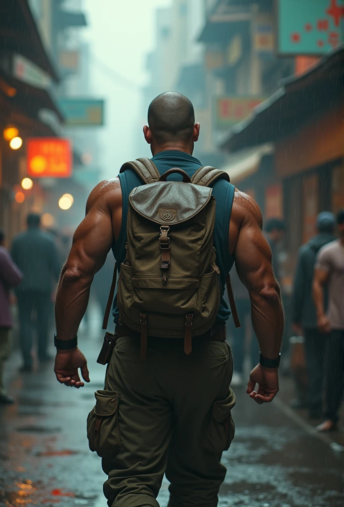 Strong muscular man, street rage, backpack, epic realism, photo, faded, complex stuff around, complex background, wet, neutral colors, ((((hdr)))), (((( muted colors)))), complex scene, artstation, intricate details, vignette