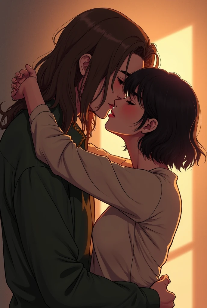 a girl with really short, dark brown hair. which is not longer than the beginning of her neck. she has a rebellious vibe. she’s kissing with a sweet boy, who has brown and very long straight hair. they are in love. she’s touching him. make it look very intimate.