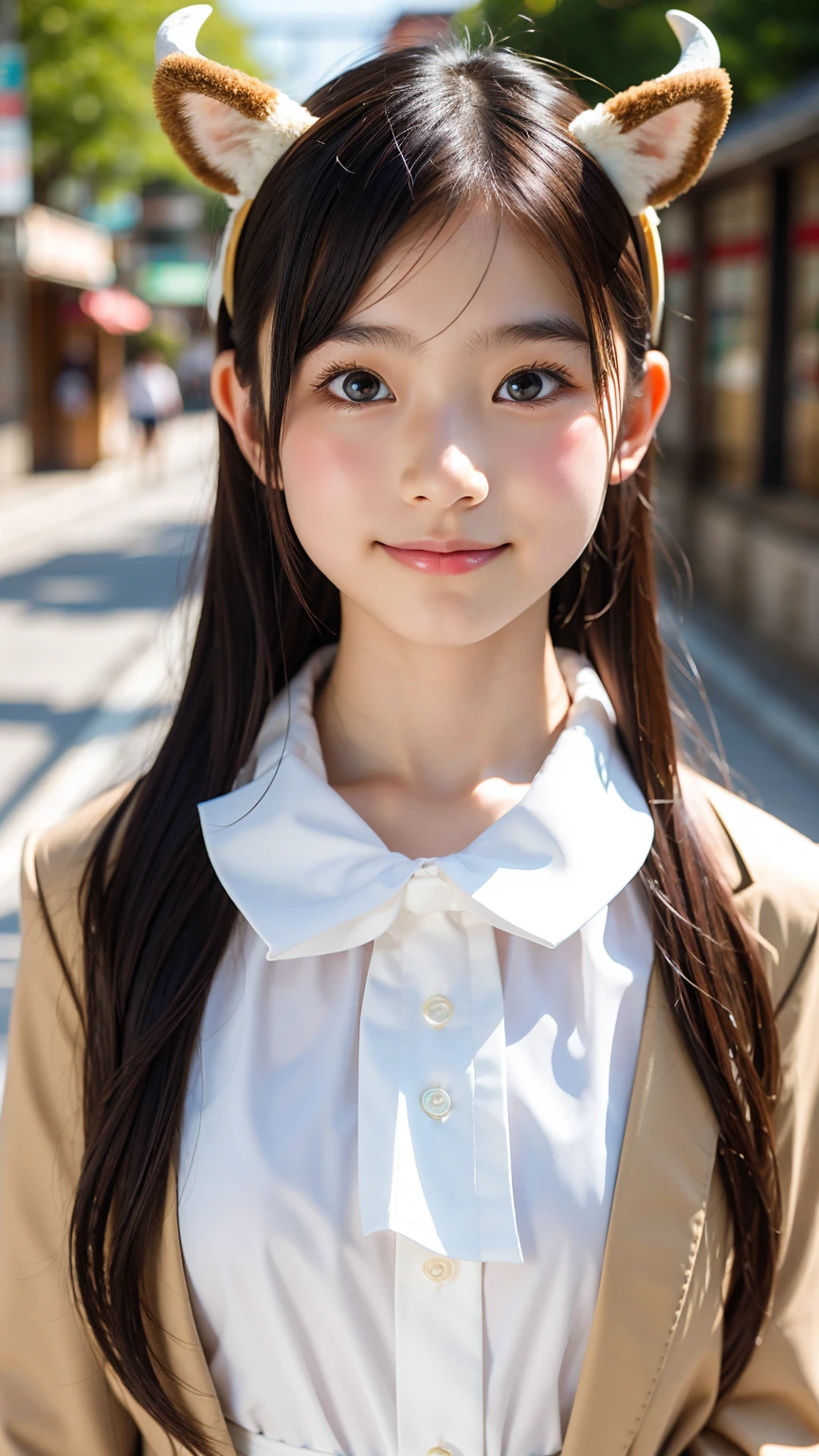 (Beautiful 14 year old Japan woman), Deer antler headband、Cute Face, (Deeply chiseled face:0.7), (freckles:0.6), Soft Light,Healthy white skin, shy, (Serious face), (Sparkling eyes), thin, smile, uniform