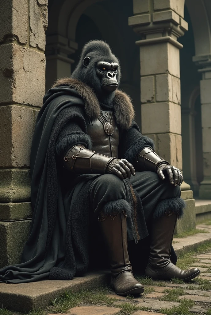 a Gorilla blood sorcerer with detailed gorilla facial features wearing a red and gold hooded cloak detailed, and holding the staff, ultra detailed, and clean