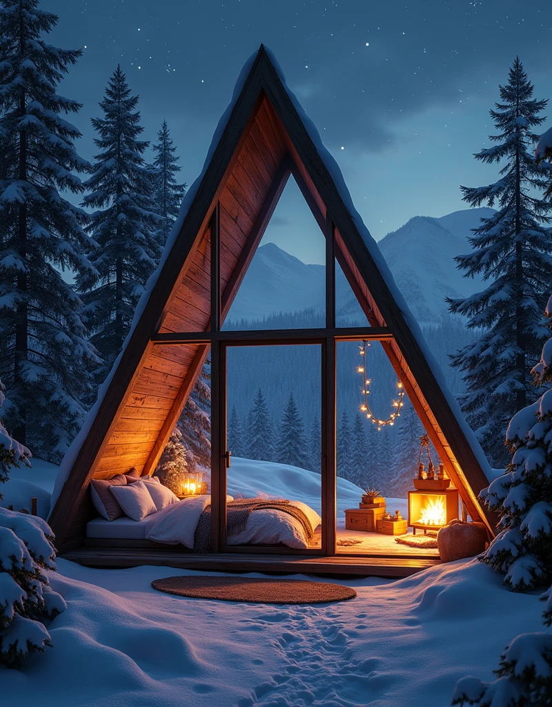 sky dark night .In night christmas. A bedroom in a wooden house made of glass triangular with a fireplace .overlooking the white snow in the mountain forest 