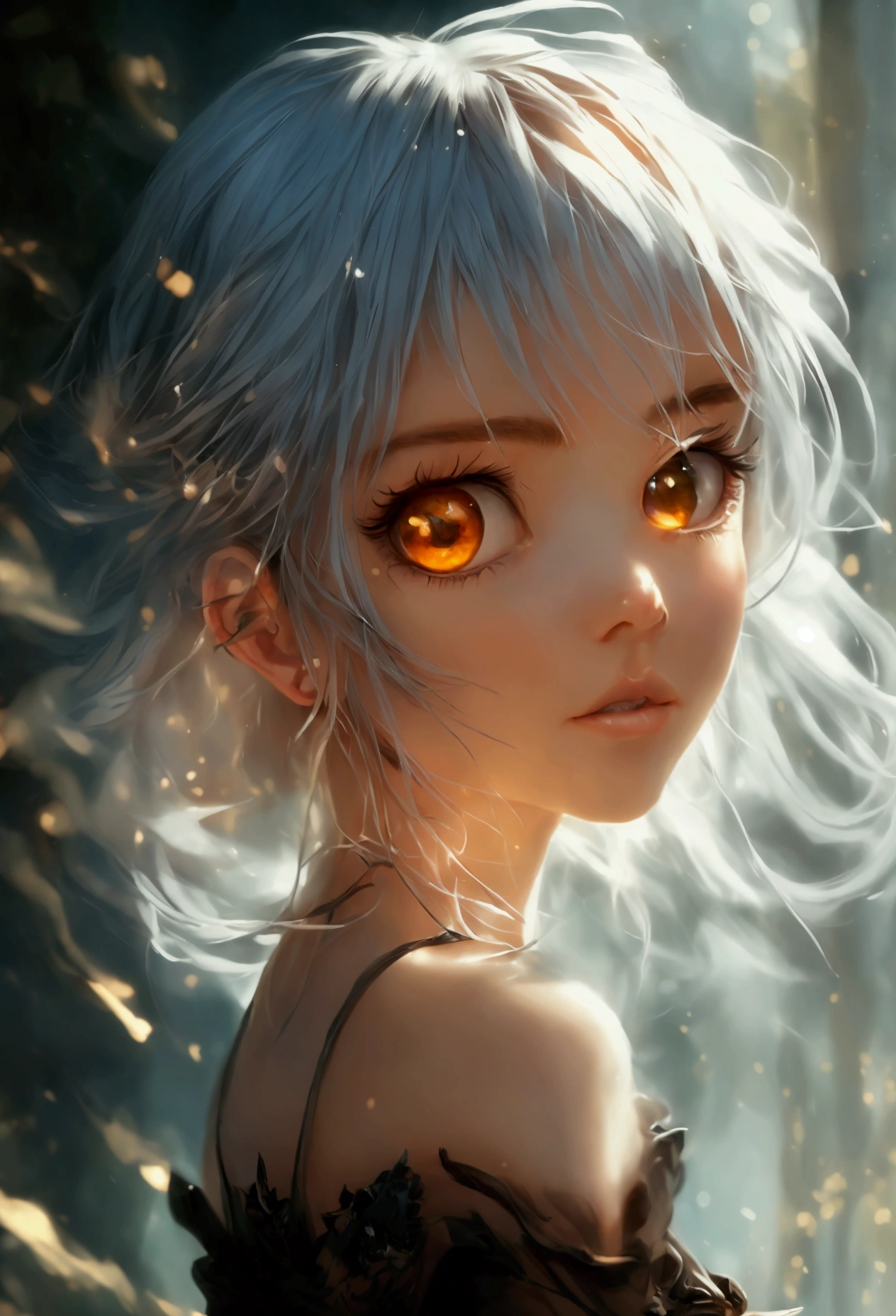 1 girl 23 old years , silver hair, amber eyes, excited, UHD, masterpiece, anatomically correct, super detail, high quality, high details, best quality, highres, HD, 16k, , in the style of Peter Jackson, Pastel, Modern, Ethereal, --c 51