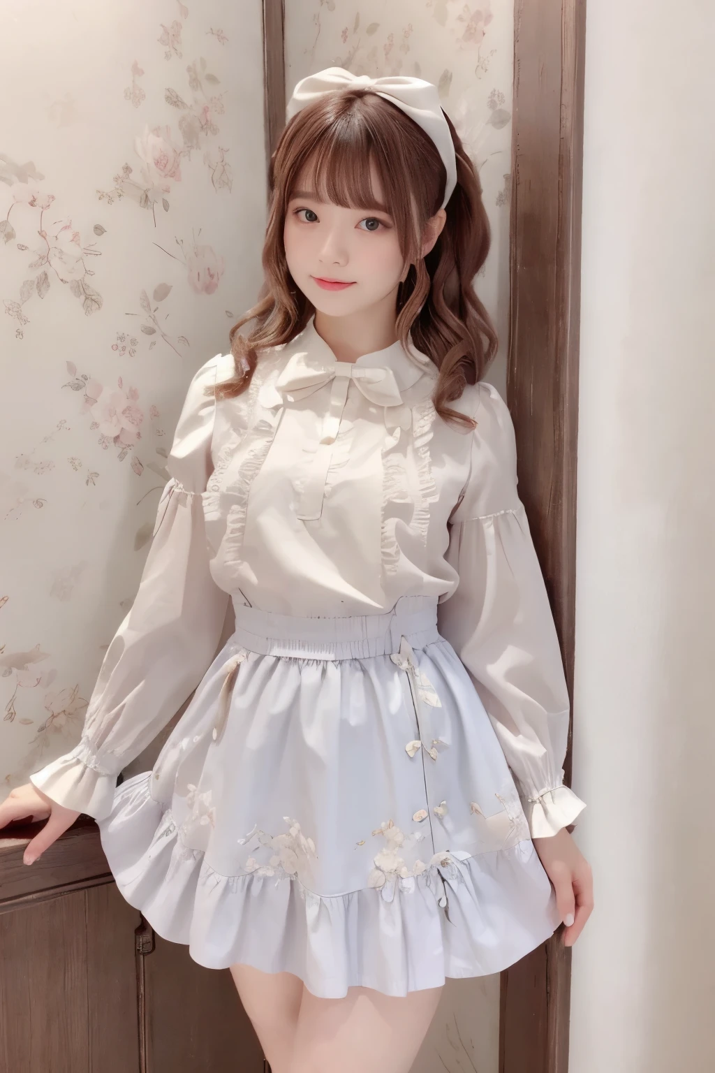 (indoor), (Window), (masterpiece), (最high quality), (Very detailedな), (Best Shadow), (photoRealistic:1.4), Frilled blouse, skirt, white ankle socks, high quality, masterpiece, Very detailedな, High resolution, 4K, 超High resolution, Detailed Shadows, Ultra-realistic, Dramatic lighting, One Girl, alone, Detailed face, Realistic eyes, Realistic Skin, Dynamic Hair, Dynamic pose, Dynamic Angle, White floral dress, White Background, Urzan-6500-v1.1, (RAW Photos:1.2), ( Realistic:1.4), Beautiful detailed girl, Very detailed eyes and face, Beautiful attention to detail, Ridiculous, incredibly Ridiculous, Large file size, Very detailedな, High resolution, Very detailed, 最high quality, (Bright interior), (Soft Light), (Low contrast), (Shallow depth of field), (portrait of a beautiful woman illuminated by gentle light), (Very delicate and elegant depiction), (Short bangs), (Hair color is dark chestnut with a slight brown tinge), (Hair with subtle and gentle waves), (Decorated with thin ribbons), ( White blouse with small frills), (bow tie), (青いロングskirt), (White short ankle socks), shape, Very detailed, CG, Unified, 8k wallpaper, wonderful, Finer details, 最high quality, Very detailed CG Unified 8k wallpaper, Face Light, Cinema Lighting,