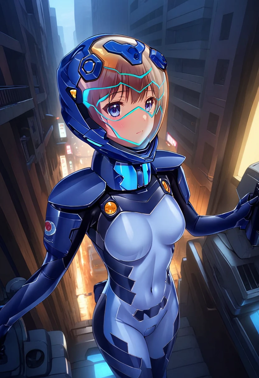 short hair, street, emo, BLACK hair, white eyes, eyeliner, apocalypse, (astronaut, girl, road, city, fortified suit, ((blue:1.5) plugsuit), short hair, outdoors, cinematic light, medium breasts, covered navel, space helmet, muvluv, space helm, eva helmet,[legs bent,, upper body,, visor helmet, pov, from above