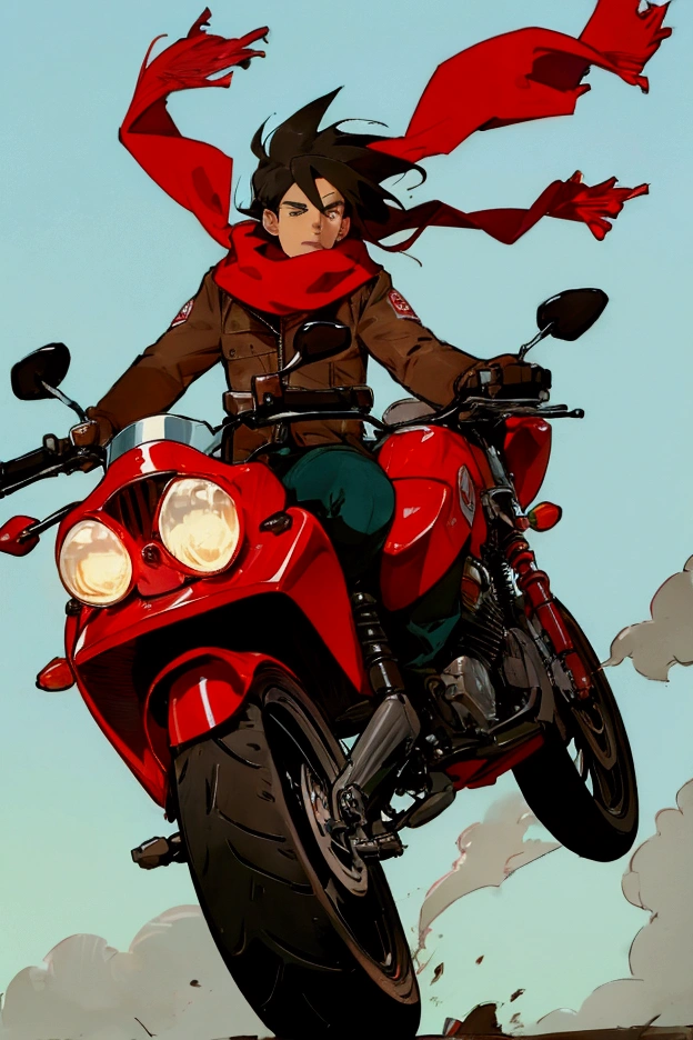 teddy bear on a red motorcycle. his ears and scarf in the wind. like a cartoon.