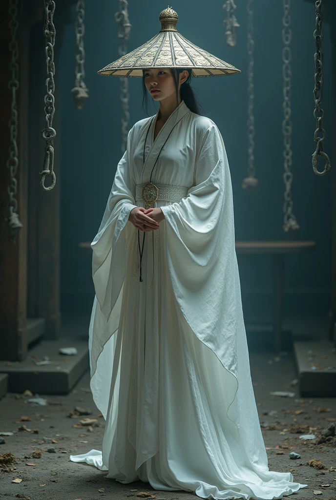 Create an image of a chinese female dressed in an white chinese priest costume with a tall, ornate hat, standing amidst a dark, moody backdrop with chains hanging from above and scattered debris around, evoking a sense of mystery and fantasy.