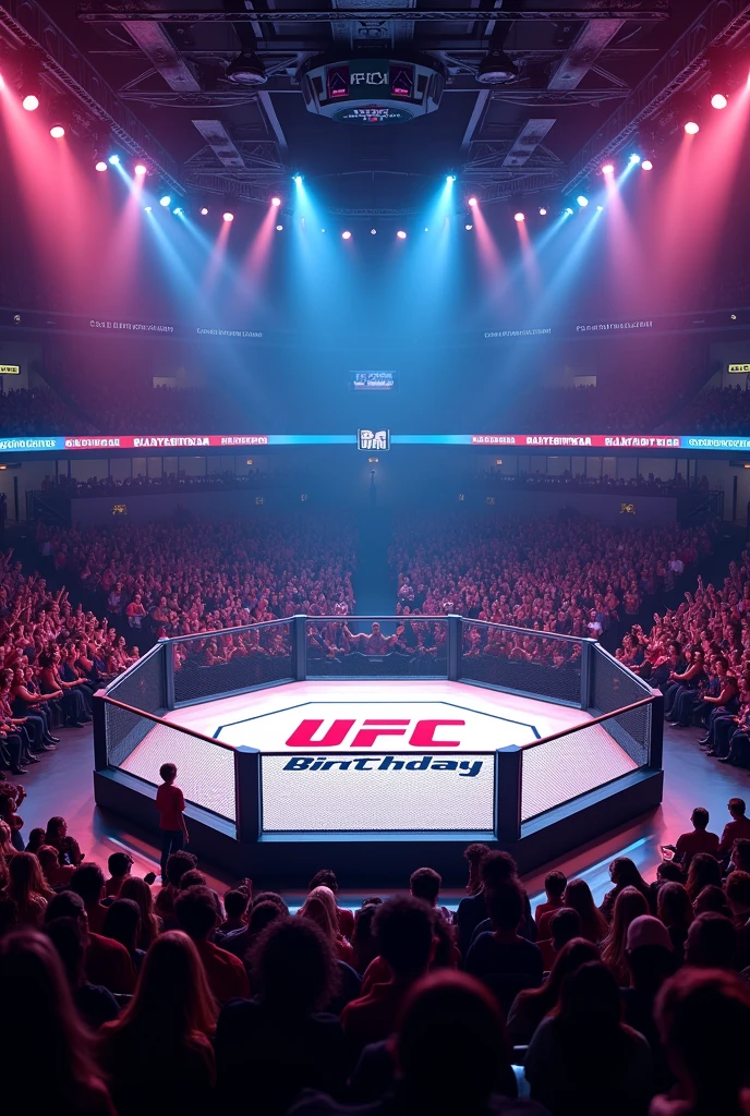 A UFC ring with BDA BIRTHDAY written on it. The ring is octagon shaped . And there are no fighters in that ring. The ring is empty but there are a lot of spectators in the stands. The audience is cheering wildly in the stands. The ring is octagon shaped and is as giant as a fighting ring.
