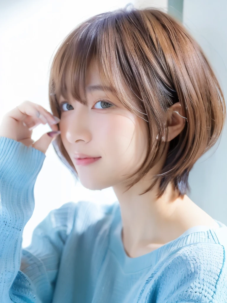 ((highest quality, 8K, masterpiece :1.3)), 1 girl, (bob hair、short hair,Taken in front of a white wall :1.2)、Shot in natural light、pastel cardigan :1.1, Angle from above、super detailed face, fine eyes,(Highly realistic photos, High resolution, detailed face, fine eyes)、japanese woman, 35 years old, Variety of facial expressions, alone:1, different hairstyles, casual clothes, Only one person appears in the photo、long sleeve dress、Shot in natural light、simple necklace、Spring clothes、Don't look at the camera、profile、Dark brown hair color