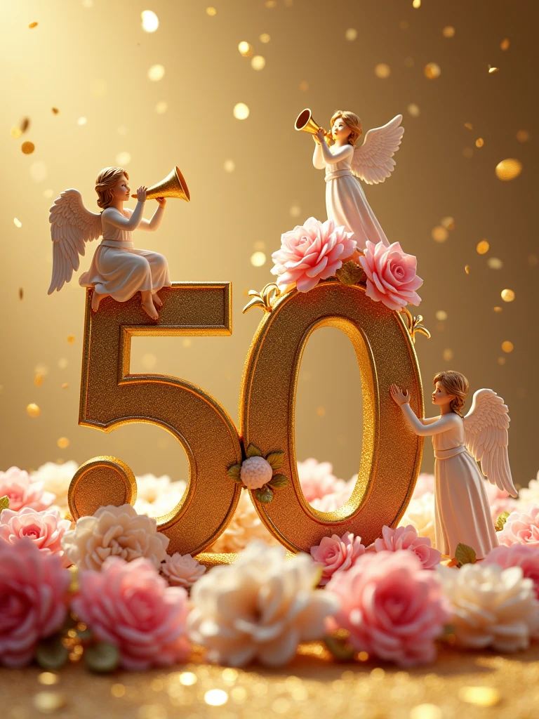 a 3d flat golden 50 with an angel on top of it with a trumpet and another on the right side of 50 turning other side welcoming others, lying on pink and white flower bouquets with golden leaves, backdrop of glittering gold particles
