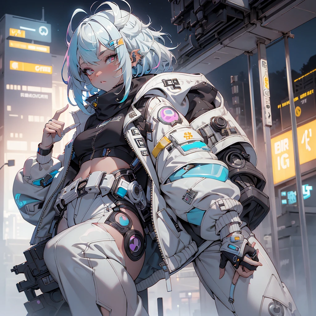Cyberpunkgirl, whiteandlightbluehighlight shorthair,cyberpunkcity,nightcity,background,1girl,whitejacket,higresolution,masterpiece,bestquality,hd,highdetails,nightview,8k,32k,fullbody,1girl,whitehair,stylishstyle,whitepunkpants,