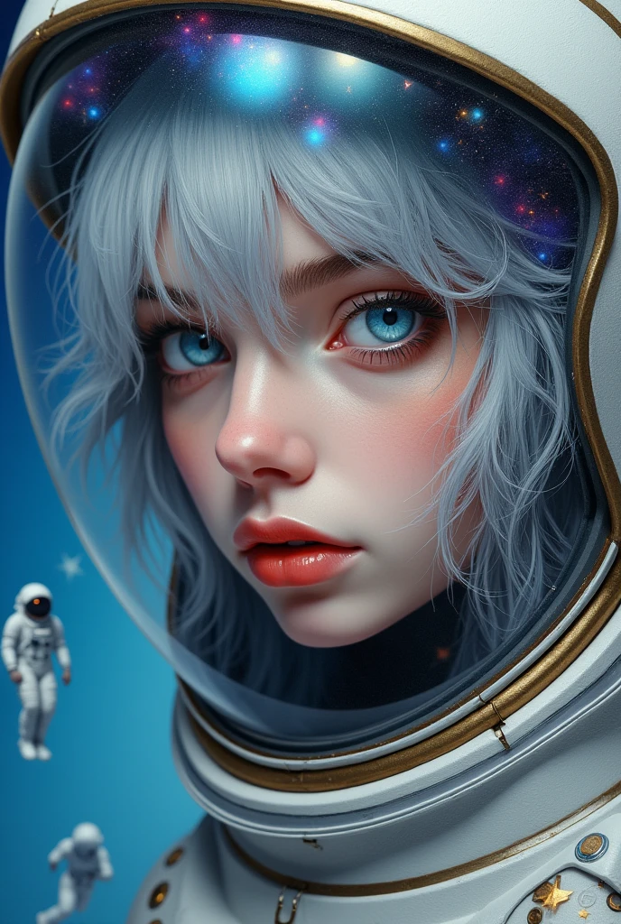 (Close-up of a better masterpiece:1.5)0.9], (Space and astronauts:1.2) (Messy silver hair:1.1) (Heterochromia xanthochromia and blue eyes:1.2) (Space Helmet:1.0) (Colored stars in the eyes:1.0) (A radiant glow:1.1) (thick lips:0.9)