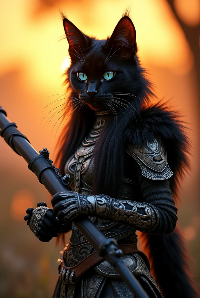 Cait Sith Warrior, low angle 20mm Cannon EOS photography of a cute anthropomorphic black cat swordmaiden in atack pose, (human + cat mixed face), tail, black long hair, furry skin, clear blue eyes, (chainmail, silver, intrincate tribal desing) (eyefish view frame, realistic, sharp focus, dof, sunset, godray, wallpaper, detailed, small details, intrincate, 8k hdr, golden ratio, asymmetry, masterpiece)