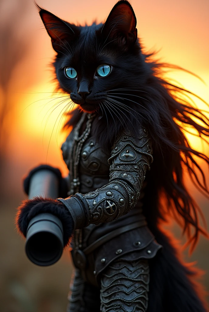 Cait Sith Warrior, low angle 20mm Cannon EOS photography of a cute anthropomorphic black cat swordmaiden in atack pose, (human + cat mixed face), tail, black long hair, furry skin, clear blue eyes, (chainmail, silver, intrincate tribal desing) (eyefish view frame, realistic, sharp focus, dof, sunset, godray, wallpaper, detailed, small details, intrincate, 8k hdr, golden ratio, asymmetry, masterpiece)