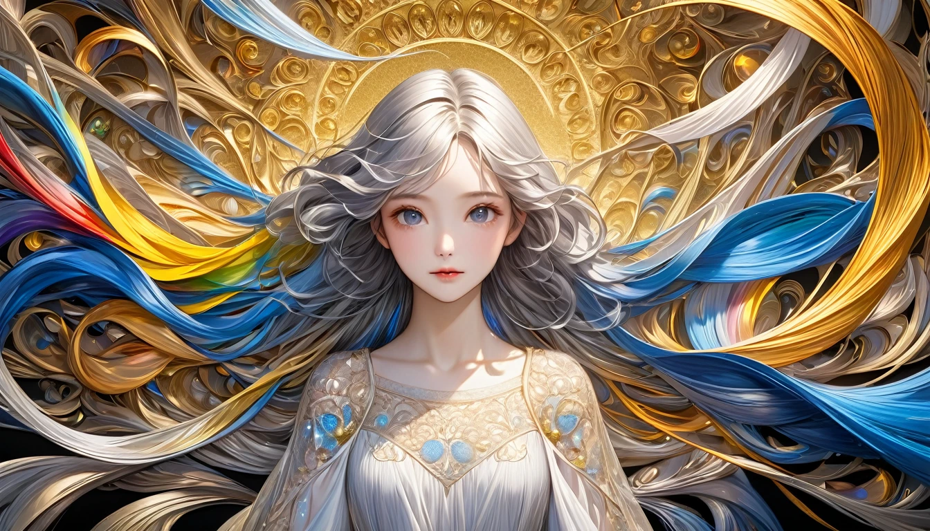 Homage to famous paintings, Painted in gold, Silver and rainbow thread, Shading Effects, Gradient Magic Effect, (Super detailed, The absolute solution, Highest quality:1.3), 2.5D, delicate and dynamic, Artistic photography, Ultra-realistic, Graphics CG Digital Art