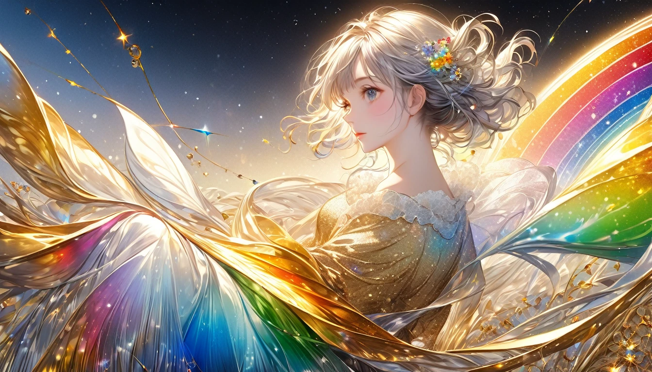 Homage to famous paintings, Painted in gold, Silver and rainbow thread, Shading Effects, Gradient Magic Effect, (Super detailed, The absolute solution, Highest quality:1.3), 2.5D, delicate and dynamic, Artistic photography, Ultra-realistic, Graphics CG Digital Art