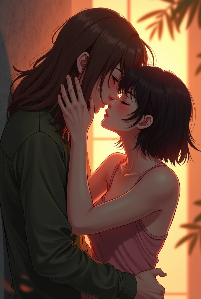 a girl with really short, dark brown hair. which is not longer than the beginning of her neck. she has a rebellious vibe. she’s kissing with a sweet boy, who has brown and very long straight hair. they are in love. she’s touching him. make it look very intimate.
