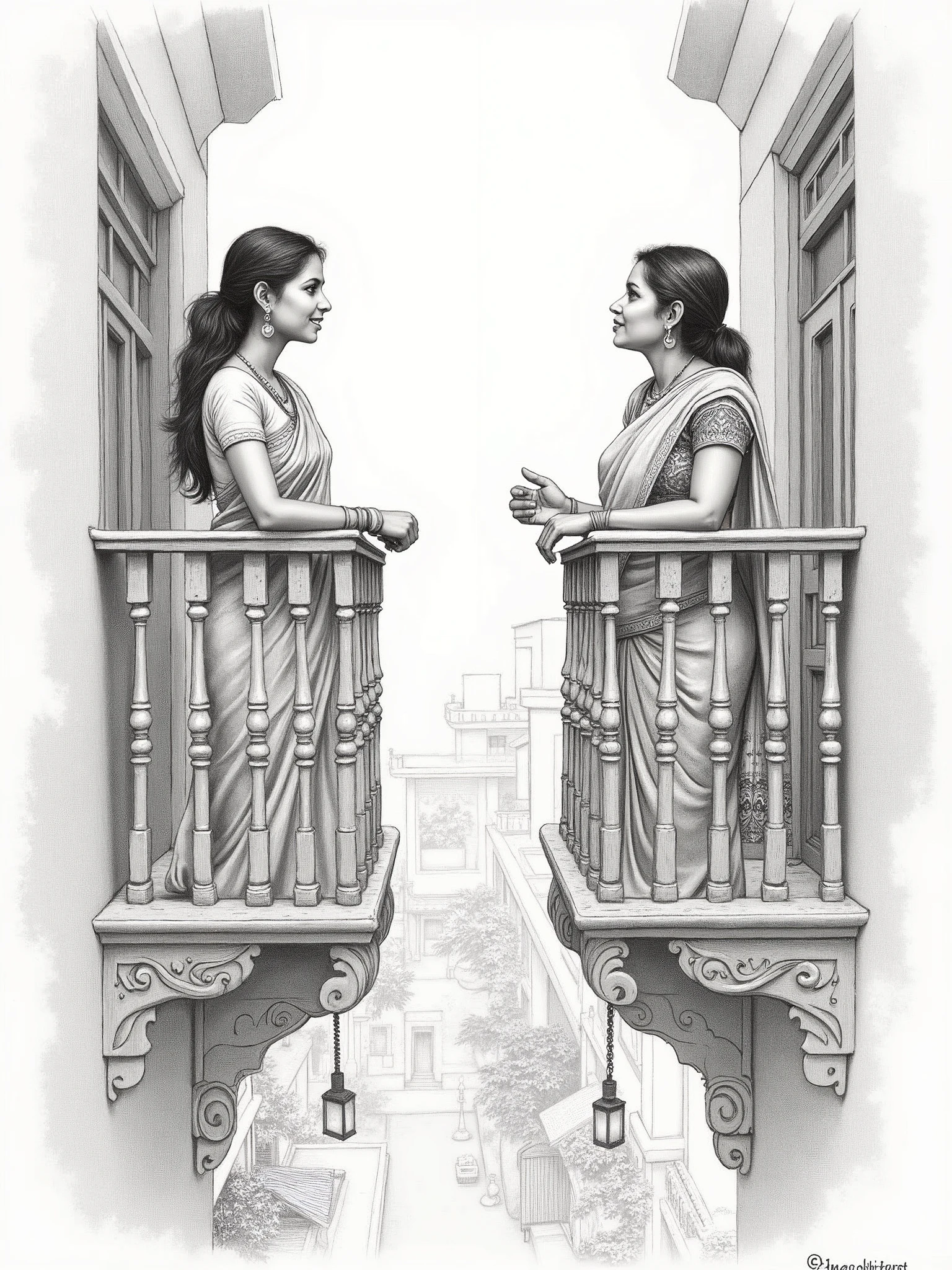detailed pencil sketch of two Indian women standing in their balconies and talking to each other from across the street
