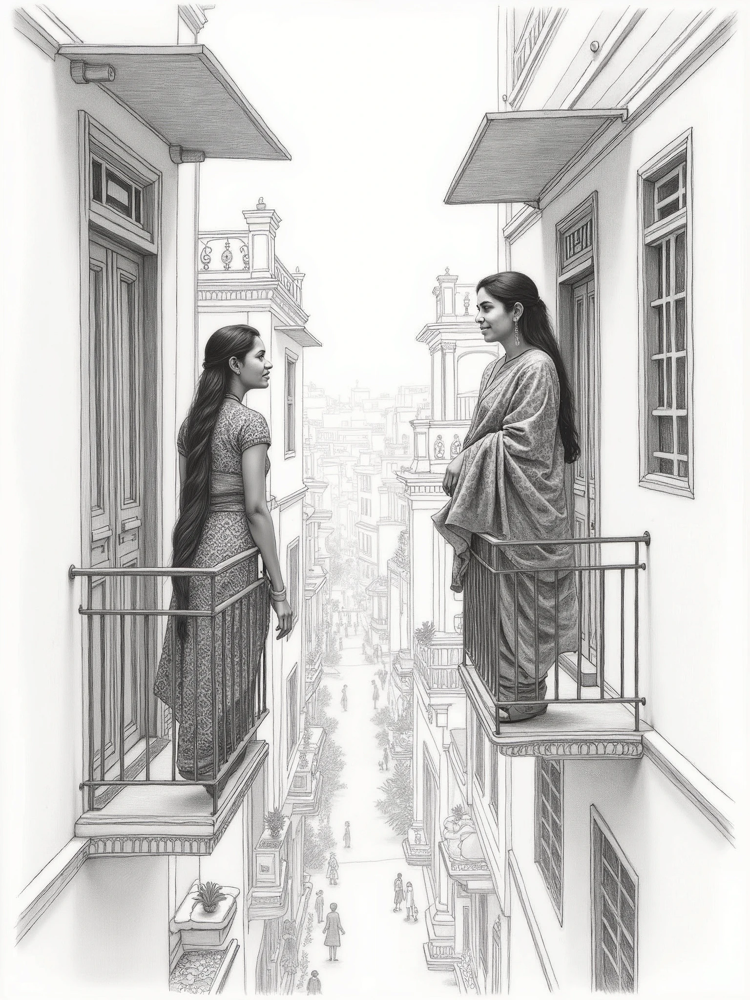 detailed pencil sketch of two Indian women standing in their balconies and talking to each other from across the street