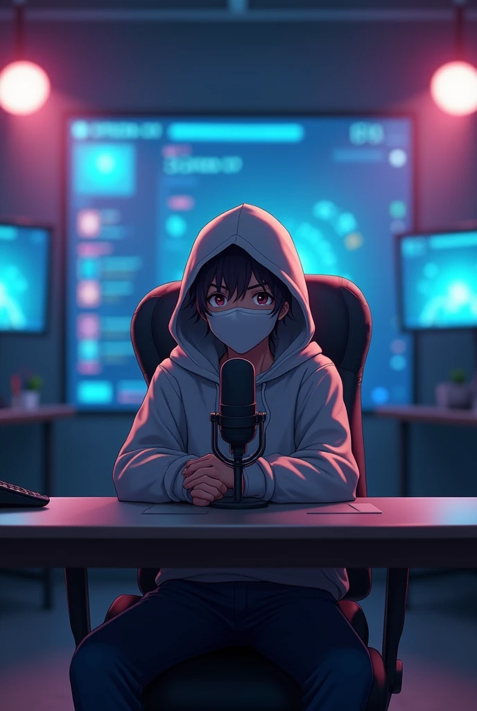 front facing anime male avatar wearing a face mask and hoodie staring at the screen, sitting straight on a chair and desk infront with a digital studio background and microphone infront. wide angle. the character should face the camera. so we should see the face directly
