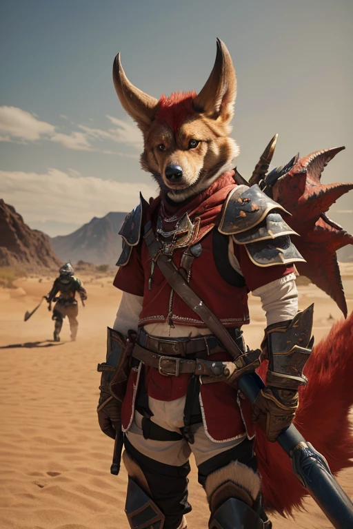 An anthropomorphic dog wearing hunter gear from the game Monster Hunter。Wearing the Rathalos equipment armor、Holding a hammer。The background is a desert with Diablos running behind him.