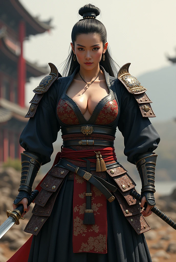 photorealistic portrait, high-res, Soft light,1woman, bara, The picture sees the thighs., Todo., Slender Figure, Hip up, gleaming skin, Overflowing big breasts, Reveal the breasts......., (higly detailed face), chinese armor