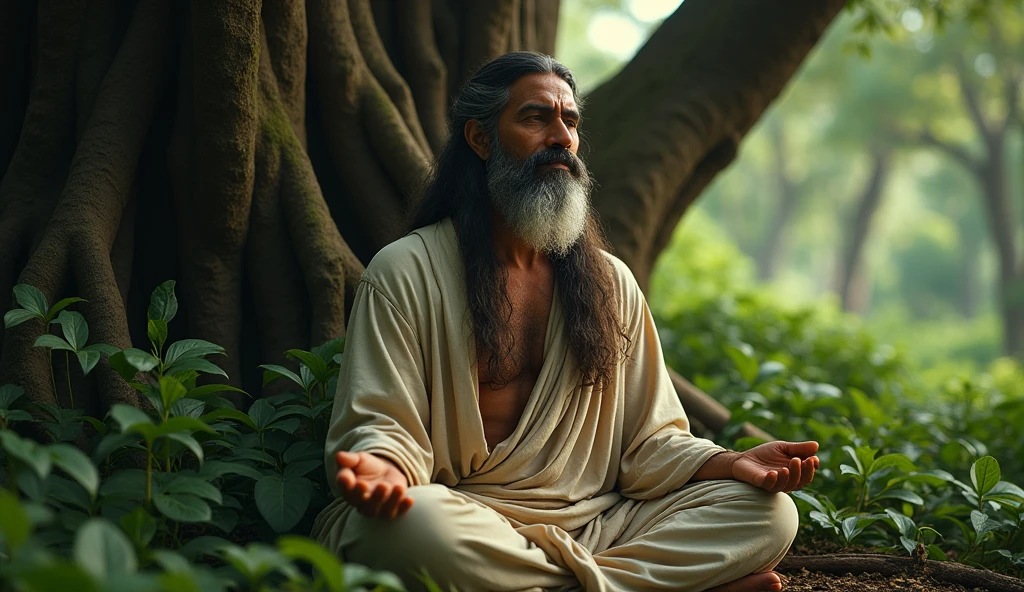 a middle-aged indian man with long hair, detailed facial features, muscular body, meditating under tree, dense forest, wearing ancient hindu-style robes, serene expression, dramatic lighting, cinematic composition, highly detailed, photorealistic, 8K, HDR
