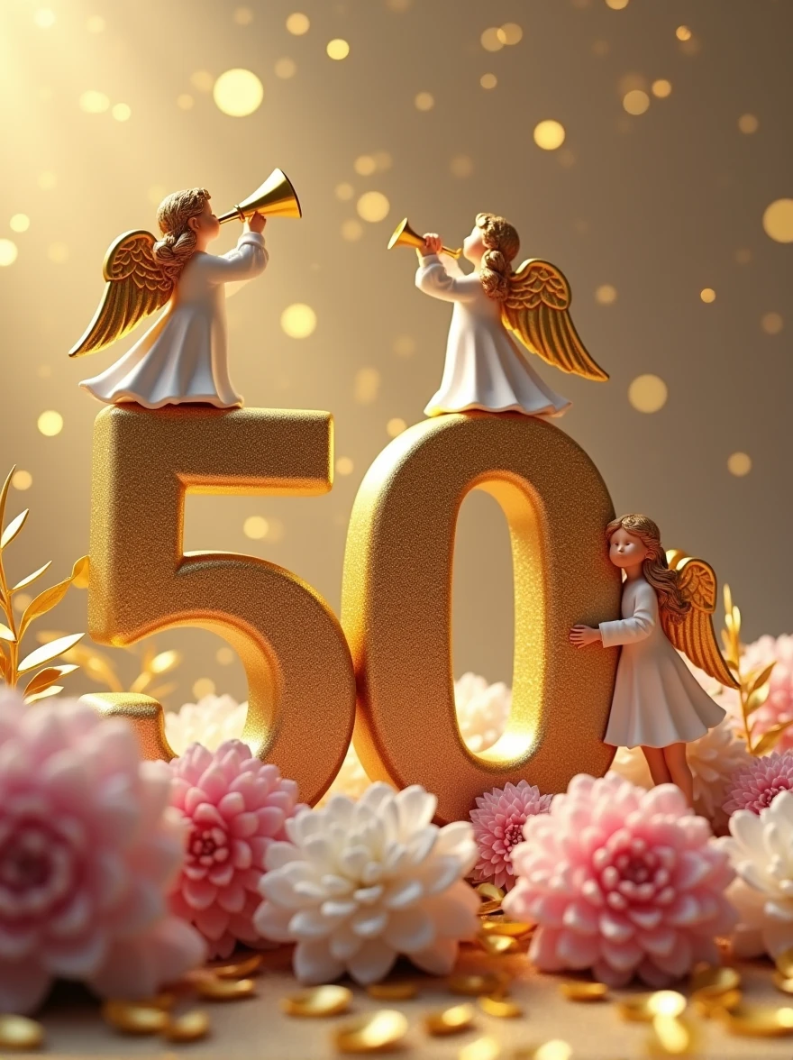 a 3d flat golden 50 with an angel on top of it with  a trumpet and another on the right side of 50 turning other side welcoming others, lying on pink and white flower bouquets with golden leaves, backdrop of glittering gold particles