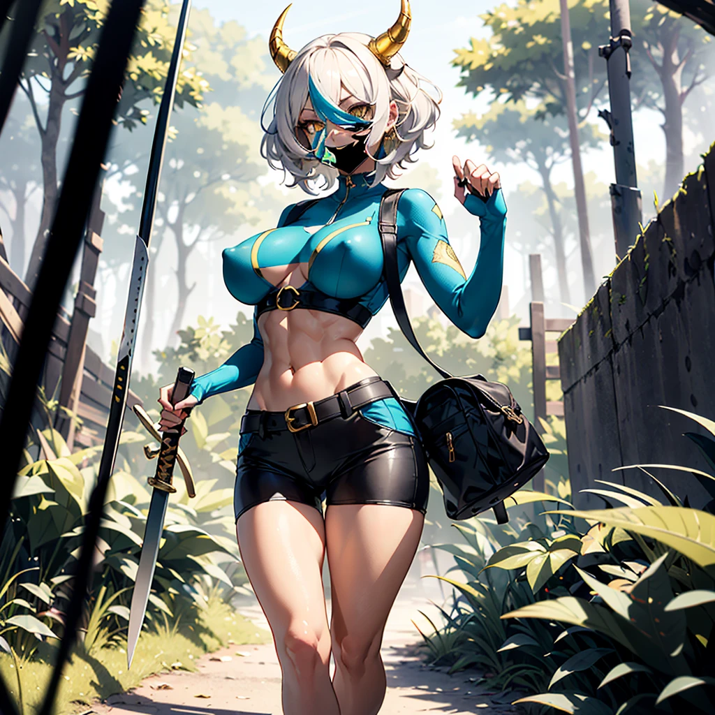 ((best quality)), ((masterpiece)), (detailed), 1 a draconian-woman with a long blue tail and golden horns, 8k_wallpaper, extremely detailed eyes, (large masterpiece digital art), (intricate details:1.3 ), (ultra-detailed:1.3), (sharp focus:1.3), (natural lighting:1.05), (vivid colors:1.3), (best quality:1.4), high quality, expressive eyes, full body, detailed face, beautiful face, perfect face, ((hair sandy white curls)), (gold eyes), {{dark skin}}, ({dark skinned female}), big breasts, (huge chest), outlines of nipples under clothing, strong powerfully visible muscles of the abdomen and thighs and legs, strong muscles of the arms, bold and decisive playful look of golden eyes, a predatory and vulgar smile with many fangs, she is wearing an open dark blue kimino with patterns of golden maple leaves, a white translucent crop-top, leather mini-shorts, lowered leather wide red belts on the waist with large yarn, a backpack with a two-handed katana, she walks along a path against the backdrop of a dense forest and the ruins of an old castle, sunny clear day, fantasy style character concept art,